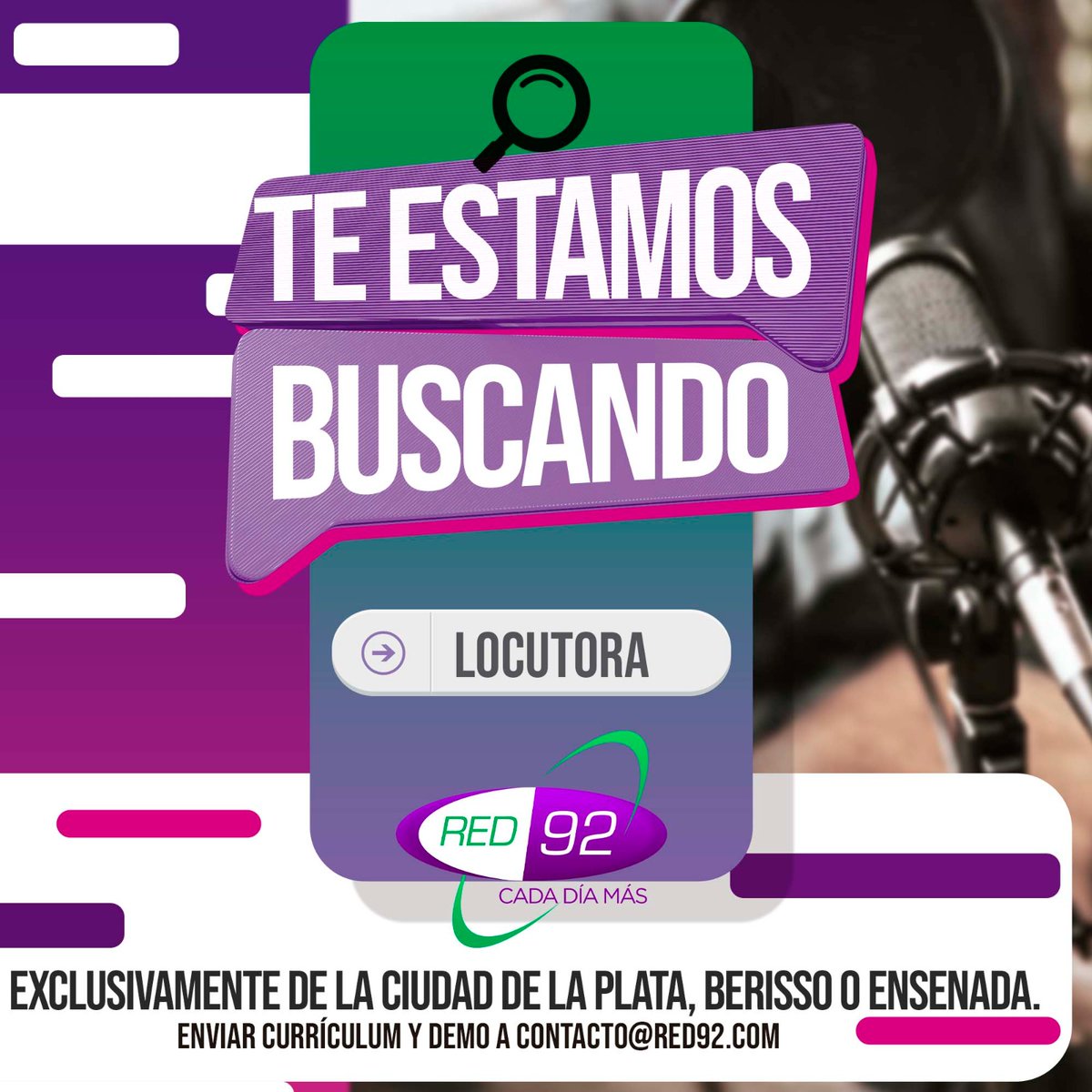 diariohoynet's tweet photo. 🎙️🎧📻#RED92 | #AtenciónLocutoras | #LaPlata | #Berisso | #Ensenada |
Si sos locutora y vivís en La Plata, Berisso o Ensenada, contactate con la #Red92.
Te estamos buscando!!
Sumate a la radio más importante de la ciudad de La Plata.
Envianos tu demo y CV a contacto@red92.com https://t.co/5OuKdkecBL