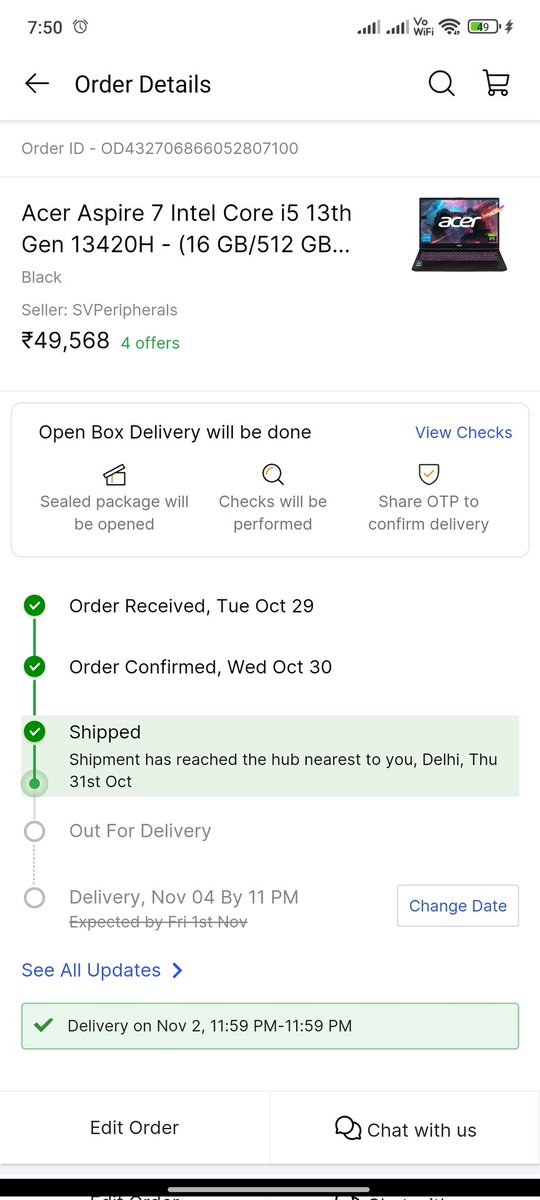 aniketsinghch77's tweet photo. @flipkartsupport this is my order I purchased before Diwali. This is to be delivered today but it is scheduled on 4th of November without telling me any reason. Deliver my order today otherwise I will take strict action against Flipkart . https://t.co/TjEEWd0gAW