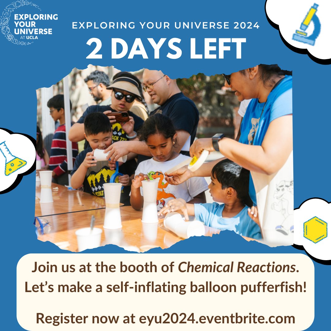 🎉 Only 2 Days Left! 🎉
Stop by the Chemical Reactions Booth!
🐡 Make a Self-Inflating Balloon Pufferfish using acid-base reactions!
❄️ Take home a pouch of Instant Snow—just add water to watch it expand!
Don’t miss out! Register now 👉 eyu2024.eventbrite.com
<a href="/UCLA/">UCLA</a> <a href="/UCLACollege/">UCLA College</a>