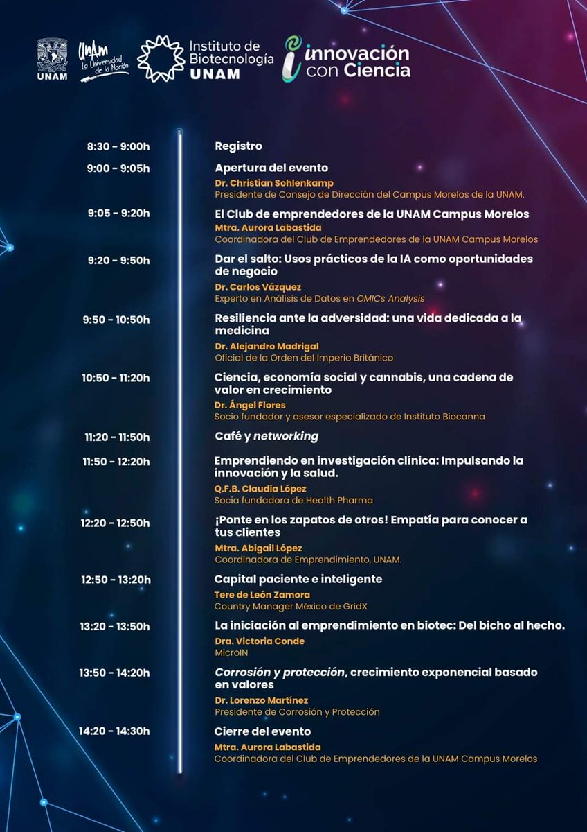 El evento más esperado por todos se aproxima...

Sexta Jornada de Innovación y Emprendimiento de <a href="/unammorelos/">UNAM MORELOS</a>

Se realizará en el auditorio Dr. Francisco Bolívar Zapata del IBT el próximo jueves 14 de noviembre de 2024

ibt.unam.mx/publicacion/ve…