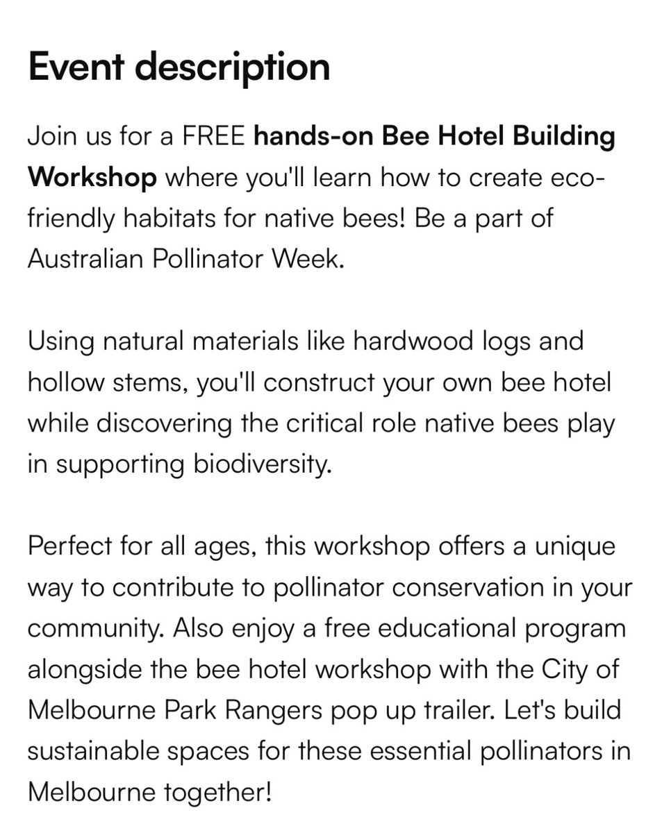 George (Clancy) Lester (@clancy_lester) on Twitter photo ‼️ATTENTION MELBOURNE PEOPLE🚨 Next Saturday NOV 9th <a href="/11AM/">11 am in morning</a> - 4PM I’m hosting a Free Native bee hotel making workshop for Australian Pollinator week 🦋🪲🐝🐞
Funded by <a href="/cityofmelbourne/">City of Melbourne</a> who the park rangers who will bring their education trailer. ‼️ATTENTION MELBOURNE PEOPLE🚨 Next Saturday NOV 9th <a href="/11AM/">11 am in morning</a> - 4PM I’m hosting a Free Native bee hotel making workshop for Australian Pollinator week 🦋🪲🐝🐞
Funded by <a href="/cityofmelbourne/">City of Melbourne</a> who the park rangers who will bring their education trailer.