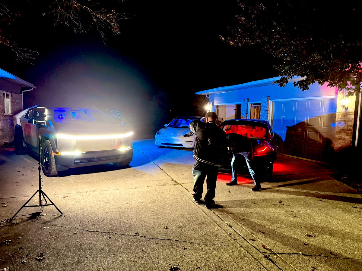 Music video being recoded at the house tonight. The BBT Beast <a href="/cybertruck/">Cybertruck</a> flanked by some M3P <a href="/Tesla/">Tesla</a> ; some fun off topic Friday night fun with <a href="/PreachSTL/">P.R.E.A.C.H.</a> and his crew. 

Tomorrow #livestream covering #bitcoin #btc mining builds <a href="/elonmusk/">Elon Musk</a>