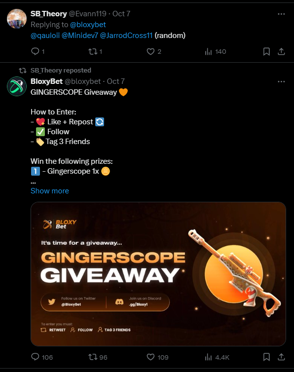 bloxybet's tweet photo. Hello! Apologies for the delay of this giveaway!

Congratulations to the winner @Evann119!

Please create a ticket in our discord server to claim your prize! (Will verify) https://t.co/D0CKqjvCXr