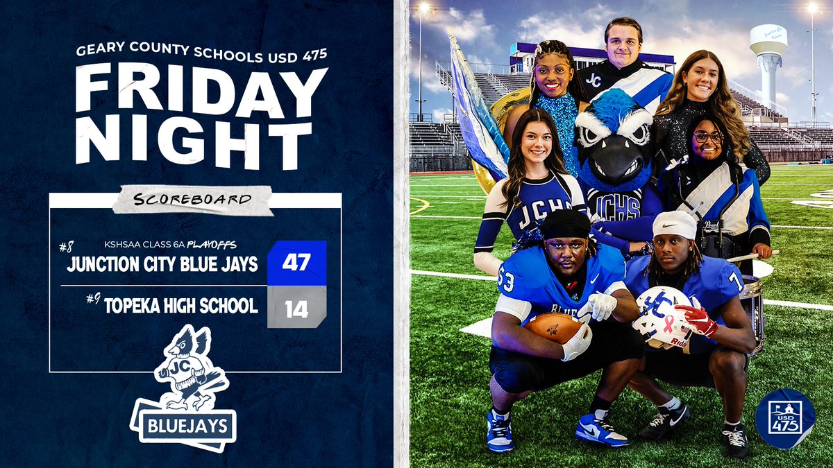 The Junction City HS 🏈 team claimed a 47-14 victory over Topeka HS in the opening round of the Class 6A playoffs on Friday night. With the win, the Blue Jays improved to 5-4 overall and advanced to play No. 1 Derby High School next week. #ThriveIn475 #FridayNightLights