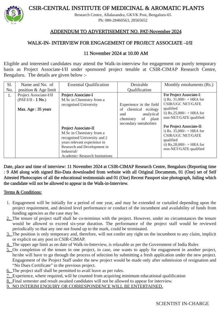 We are looking for candidates to work in #ChemicalEcology
Interview: Nov. 11, 2024 at CIMAP Research Centre, Bengaluru