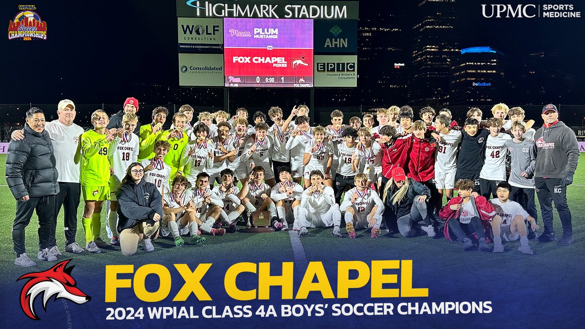 🏆 𝐅𝐈𝐑𝐒𝐓-𝐏𝐋𝐀𝐂𝐄 𝐅𝐎𝐗𝐄𝐒 🏆

With a 1-0 win tonight from <a href="/highmarkstadium/">Highmark Stadium</a>, <a href="/FxCAthletics/">Fox Chapel Area Athletics</a> is the WPIAL/@UPMCSportsMed Class 4A Boys' Soccer Champion - its sixth title and first in 29 years! Congrats to the Foxes!  🌟

#WPIAL | ⚽️🏆