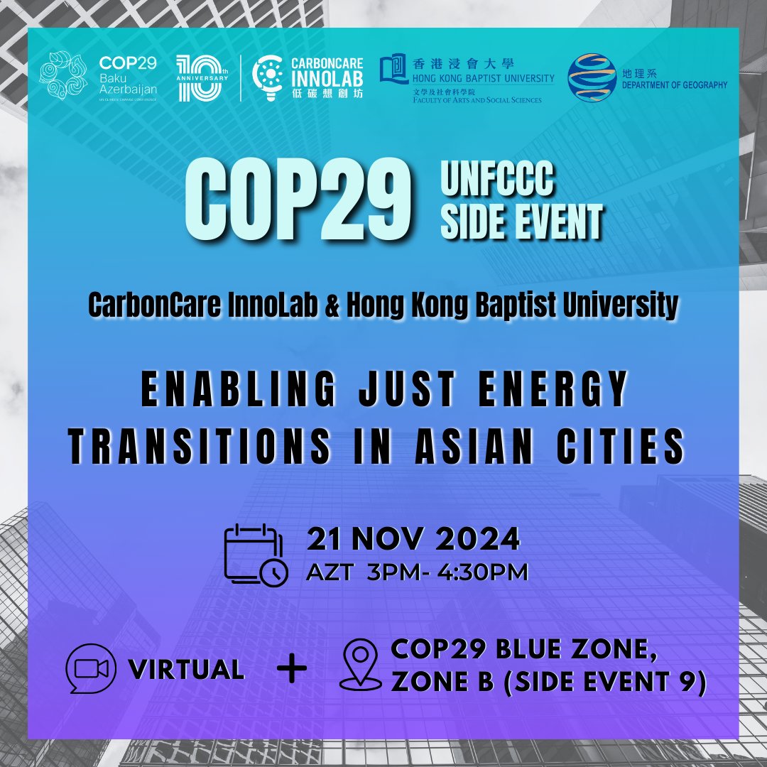 (1/2) 🌏 Join us at #COP29Azerbaijan Side Event: "Enabling Just Energy Transitions in Asian Cities"! 

📅 Nov 21, 2024
⏰ 3-4:30PM AZT
📍 Blue Zone, Zone B, Baku Olympic Stadium

Register now: forms.gle/fUDevTXuBaMQVJ…

#COP29 #ClimateAction #JustTransition #RenewableEnergy 🧵1/2
