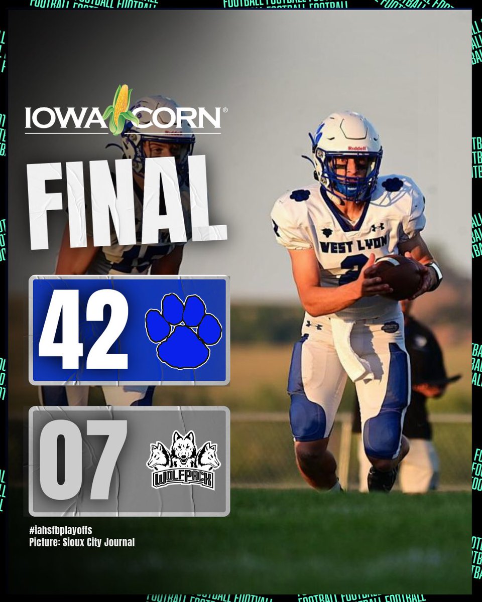 🚨𝗣𝗟𝗔𝗬𝗢𝗙𝗙 𝗙𝗜𝗡𝗔𝗟 𝗦𝗖𝗢𝗥𝗘🚨

West Lyon defeats Western Christian 42-7 to advance to the state quarterfinals 🔥

This defense is insane!

#iahsfb | Sioux City Journal