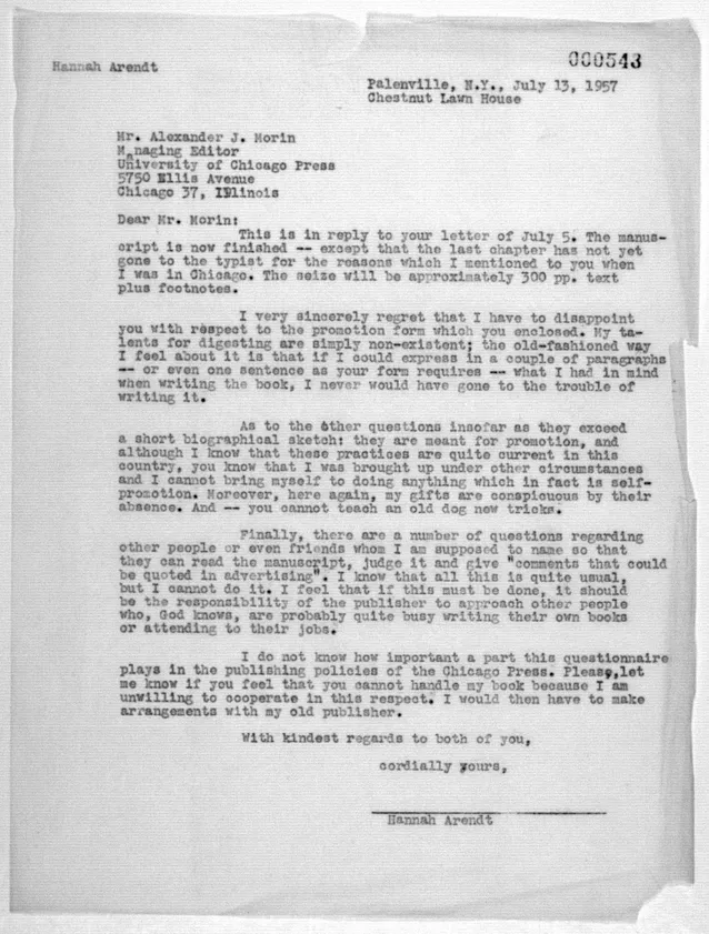 Samantharhill's tweet photo. Hannah Arendt, refusing to fill out her author questionnaire for The Human Condition

"...If I could express in a couple of paragraphs — or even one sentence as your form requires — what I had in mind when writing the book, I never would have gone to the trouble writing it…" https://t.co/2LprN1Ll51