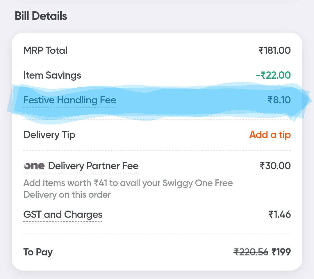anireddee's tweet photo. Festival handling charges? Seriously? The reason given by the executive is for 'festival management software.' Is this a joke?

Is this @SwiggyInstamart's new way of adding extra charges for customers? How do you guys keep coming up with these ideas?

@SwiggyCares
@Swiggy https://t.co/51ZSlGxV1b