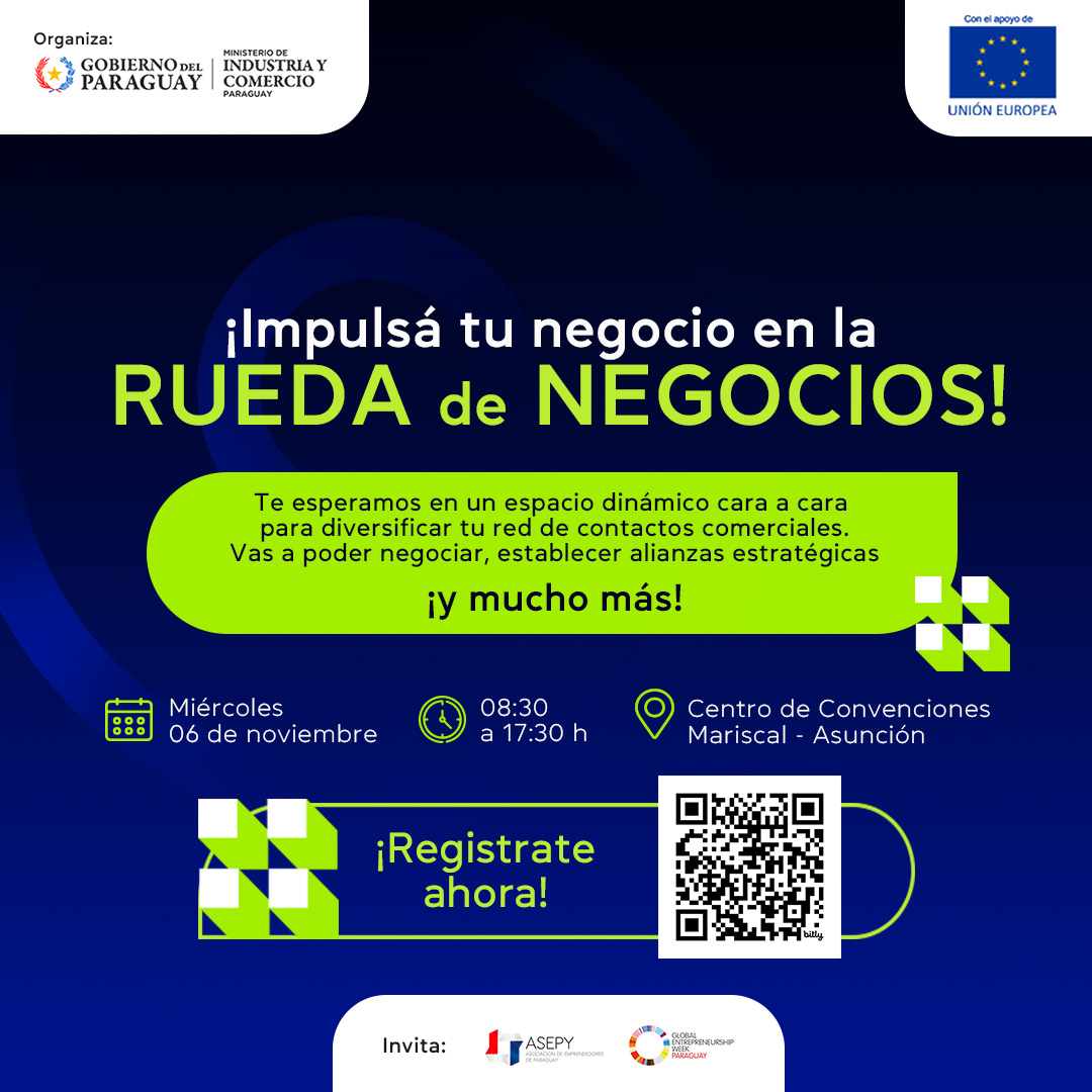 📢Te invitamos a participar en la Rueda de Negocios del #EmprendeFest2024 

Inscripción para comprador: bit.ly/RuedaNegociosE…
Inscripción vendedor/oferente: bit.ly/RuedaNegocioEm…

📅06/11 
🕐09:00 a 18:00 hs.
📍Centro de Convenciones Mariscal  

Consultas: info@mipymes.gov.py