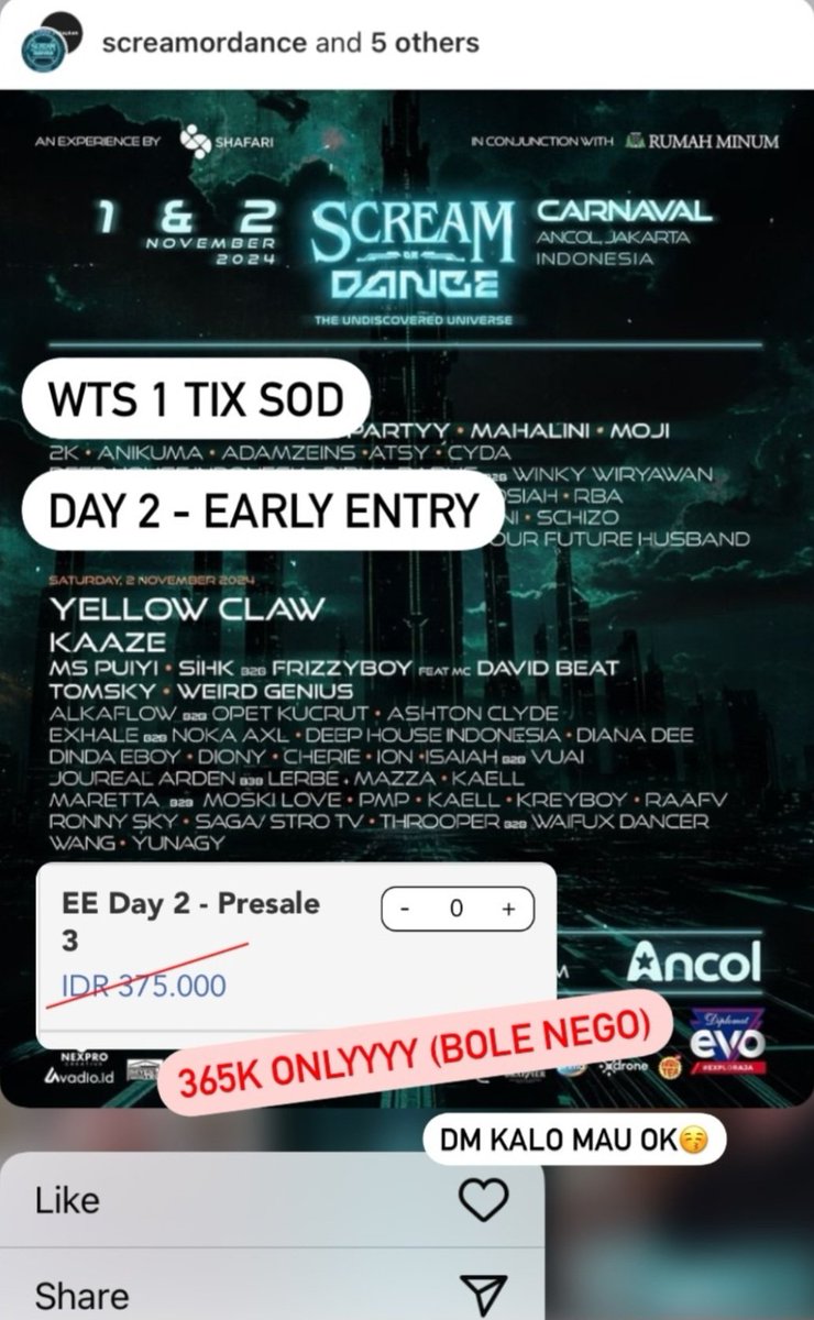 Brandonte194's tweet photo. WTS 2 TIX SOD

DAY 2 - EARLY ENTRY

365K ONLYYY PERTIKET!!!!! (BOLEH NEGO)

Bisa COD VENUE

No Tipu Tipu or Hoax 

Minat DM aku ya dinomer ini 087749986090

#screamordance
#screamordancejakarta
#sod
#wts
#wtb
#ticket https://t.co/jvyKNVHSMZ