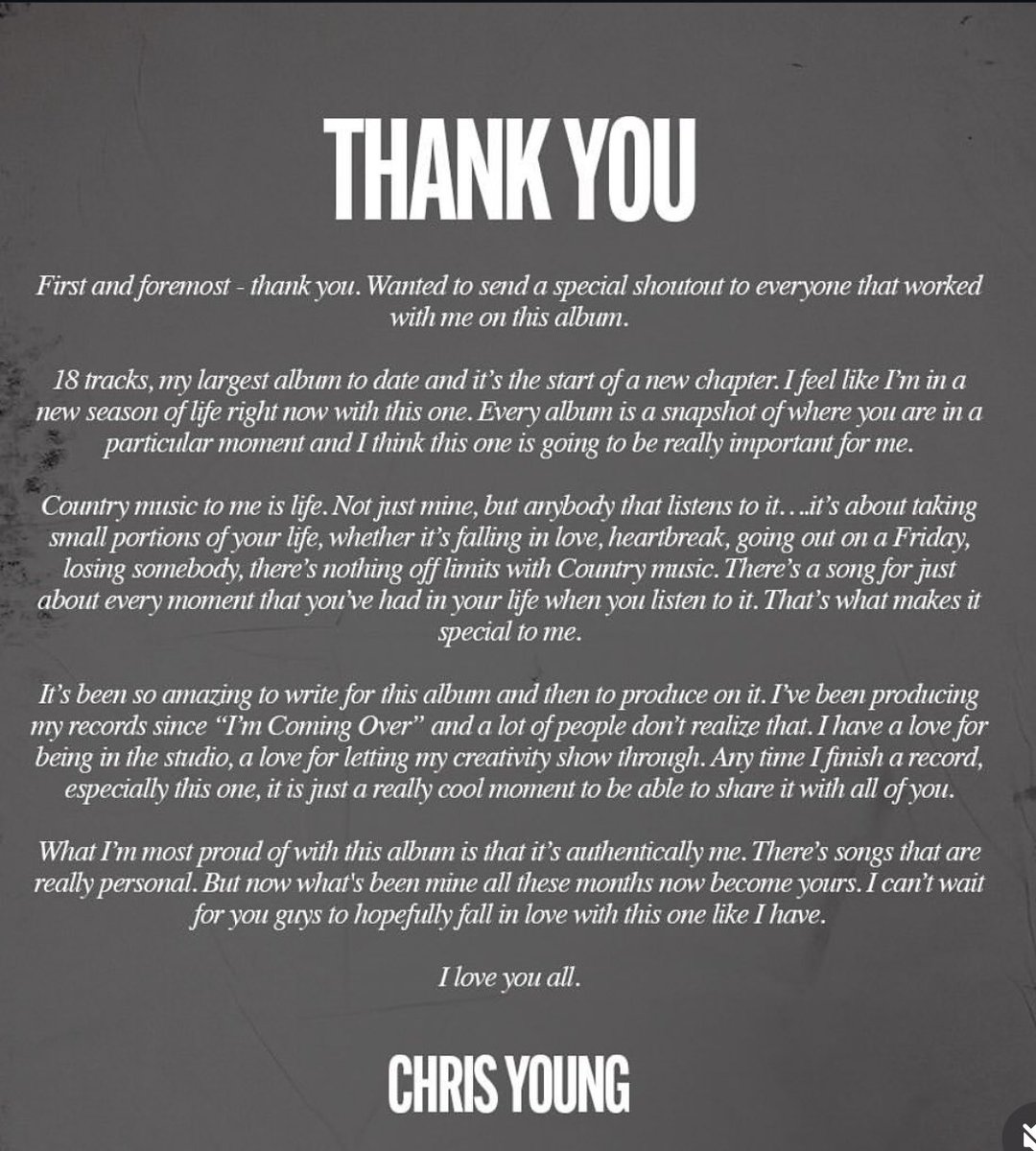 Chrisyoung56711's tweet photo. @Chrisyoungmusic So proud to share my new album Young Love &amp; Saturday Nights with y'all.
I put so much work into this one and I hope you love it. https://t.co/MC0fOFnM5A