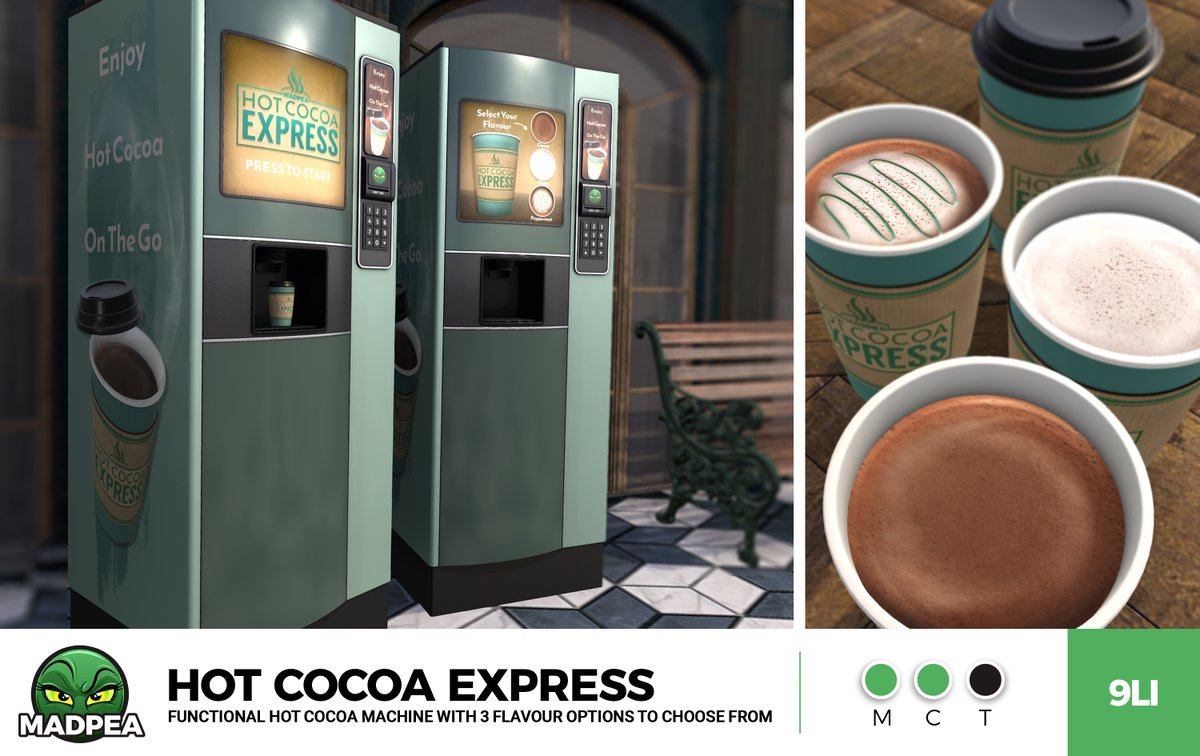 Stir up some fun with MadPea's Hot Cocoa Vending Machine! ☕✨ This interactive treat hands you holdable hot cocoa that’s sure to warm your soul. ❤️Whether you're sipping solo or sharing the love, each cup is a sweet hug in a mug. 🤗💖 Available at Anthem: maps.secondlife.com/secondlife/Ant…
