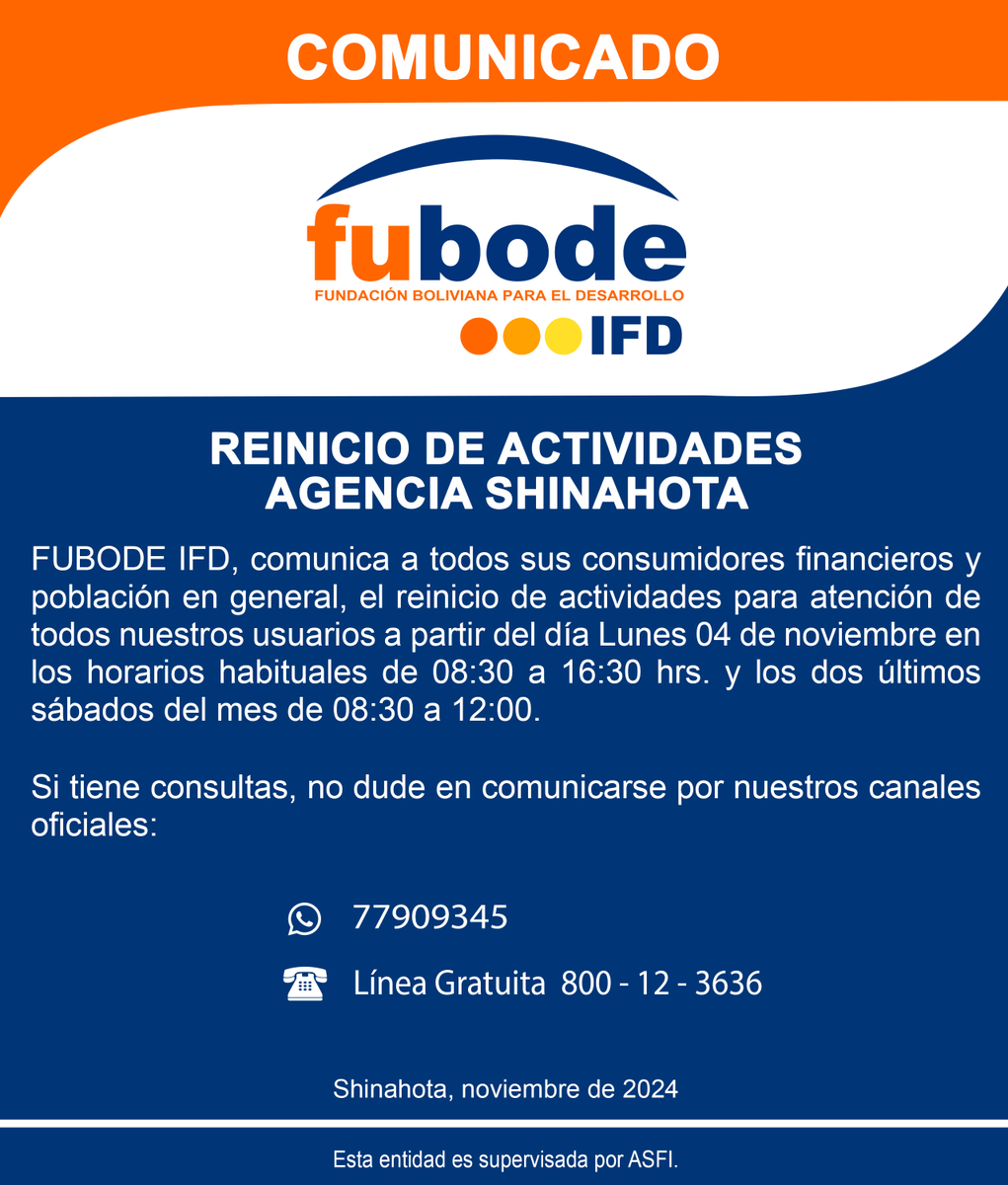 FubodeIfd's tweet photo. 📌ATENCIÓN SHINAHOTA 📌
A todos nuestros clientes, usuarios y consumidores financieros de Shinahota, se comunica el reinicio de actividades a partir del día lunes 04 de noviembre ⬇️ https://t.co/jPpbq2ekao