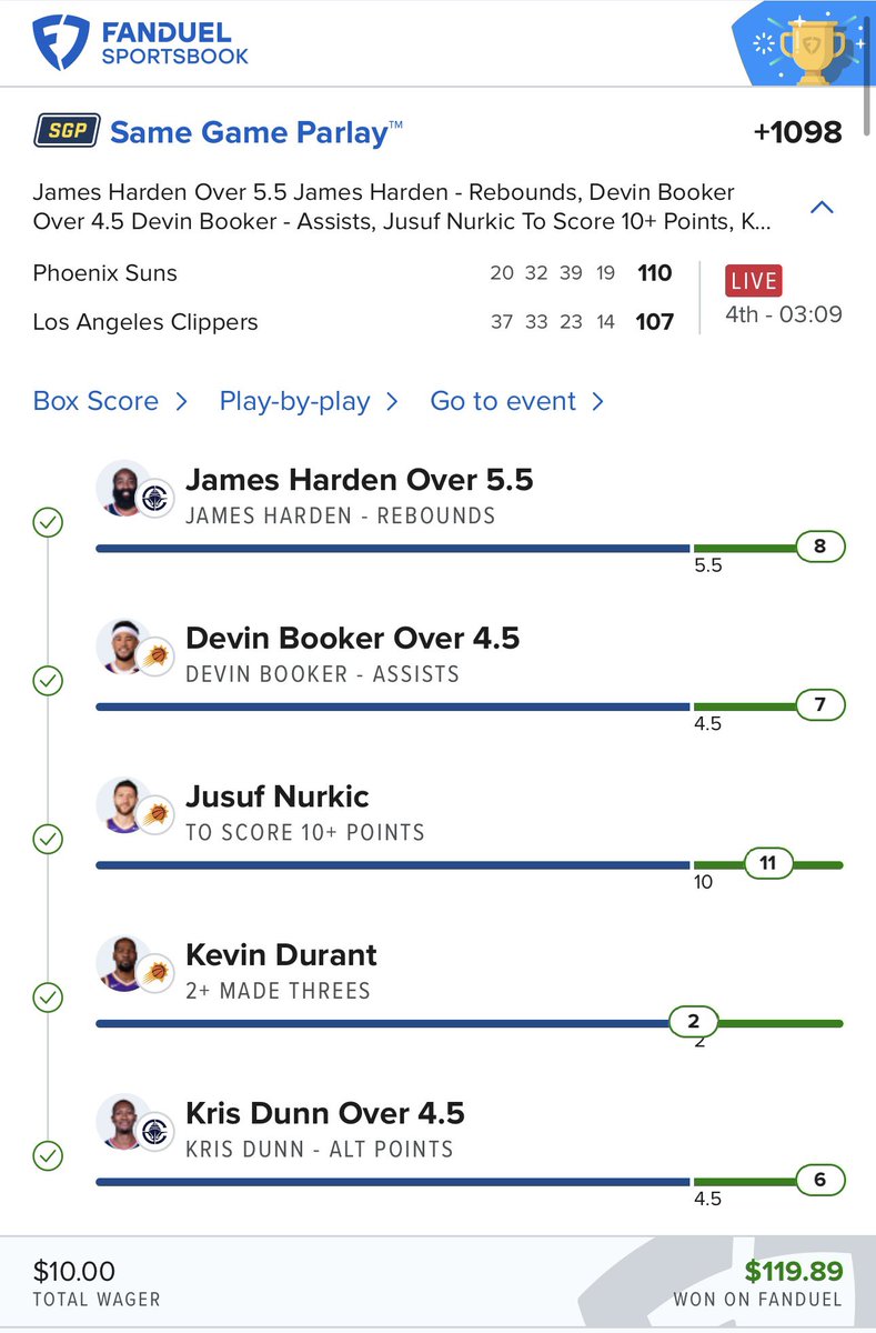 Forgot to post last nights SGP cash. 

Cash this +1098 odds lay ✅💰

That was a fun game. Looking to keep the parlays comin

#NBAX #Gamblingtwitter