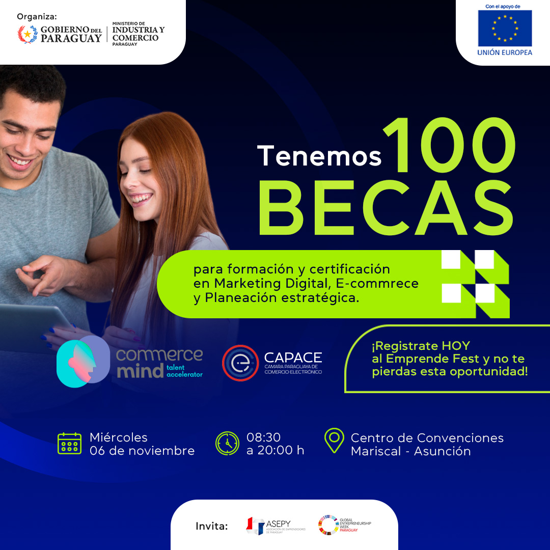 Si todavía te quedaban dudas de participar en el evento, esta es la señal 🚨

Durante el #EmprendeFest2024 regalarán 100 becas para capacitarse en Marketing Digital, E-commrece y Planeación estratégica.

👉 ¡Anotate ya!  passline.com/eventos/empren…

#GEWPY2024 <a href="/MIC_PY/">MIC Paraguay</a> <a href="/capacepy/">Cámara Paraguaya de Comercio Electrónico</a>