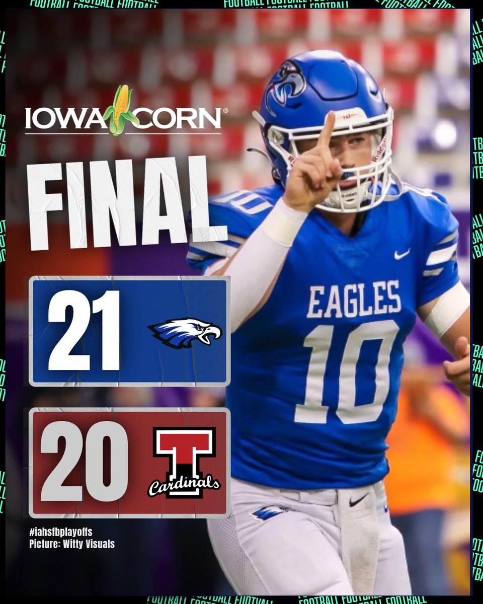 🚨𝗣𝗟𝗔𝗬𝗢𝗙𝗙 𝗙𝗜𝗡𝗔𝗟 𝗦𝗖𝗢𝗥𝗘🚨

Underwood defeats Treynor 21-20 to advance to the state quarterfinals 👀

The Cinderella continues!

#iahsfb | Witty Visuals