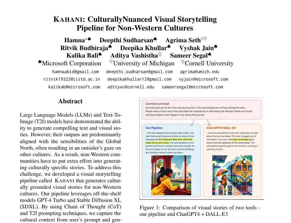 ham_na_abi's tweet photo. Gen AI models can generate compelling stories, but do they truly reflect all cultures?

🎉Excited to share our work, ‘Kahani’—a visual storytelling pipeline designed to create culturally grounded visual stories for non-Western cultures!
1/6 https://t.co/nbIccQHrMz
