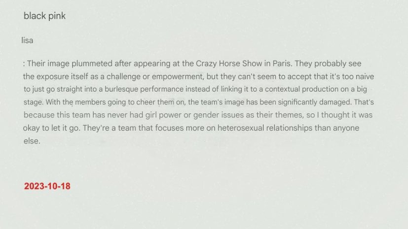 พอไล่อ่านเอกสารที่ถูกแปลมา ศิลปินคนอื่นๆ มันก็พูดถึงในแง่ของผลงาน กระแสจากแฟนคลับ ดราม่าตามโซเชียลนู้นนั่นนี่ แต่พอเป็นลิซ่ามึงใส่ฟิลเตอร์เหยียดเชื้อชาติเหยียดเพศมาครบเลยนะ โง่แล้วยังดักดานอีก ถ้ามานั่งวิเคราะห์คู่แข่งด้วยเซลล์สมองแค่นี้บริษัทจะเจริญกี่โมง

HYBE APOLOGIZE TO LISA