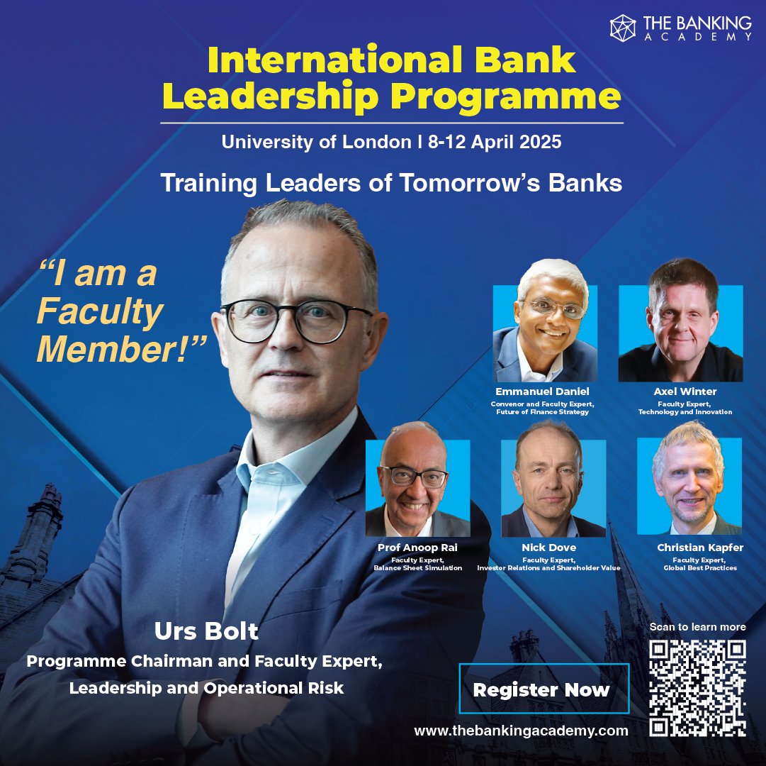 UrsBolt's tweet image. ๐Excited to announce that I'm a faculty member of the International Bank Leadership Programme!
Join us for this unique one-year journey, starting with 4 days at the University of London in April 2025.
I'll be leading sessions to help ambitious leaders build strategies forโฆ