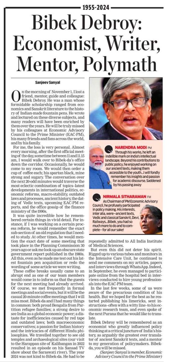 This is my personal tribute to Bibek Debroy - my friend, mentor and colleague. What an extraordinary polymath, what extraordinary contributions. He will truly be missed. 

For those who prefer to read it off the link: economictimes.indiatimes.com/news/india/bib…