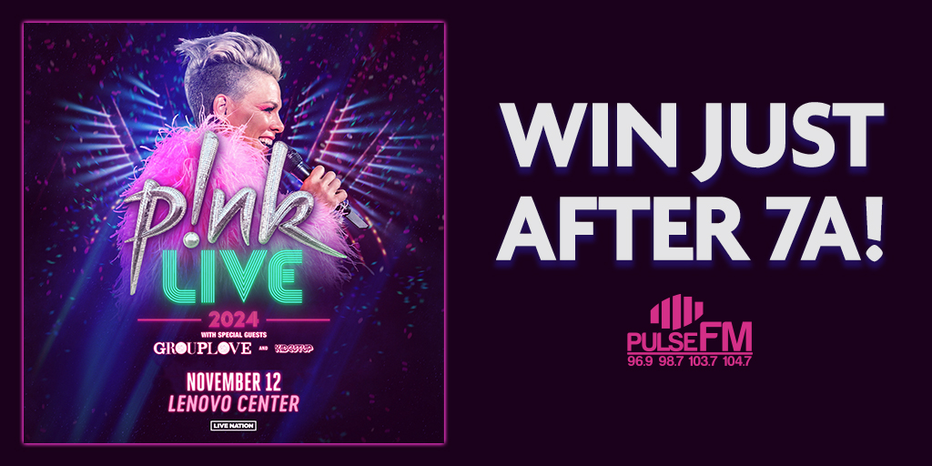 P!NK Live 2024 heads to Lenovo Center on Tuesday, November 12th along with GROUPLOVE and KIDCUTUP! Listen every day this week just after 7 a.m. for your chance to win a pair of tickets to the show!