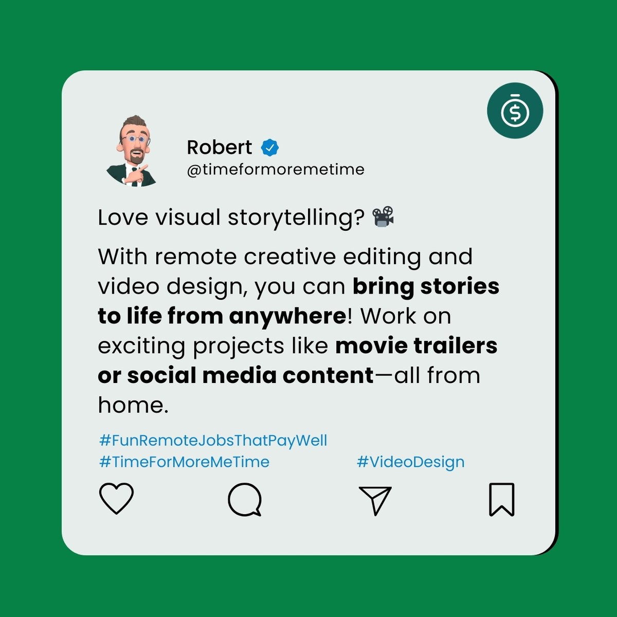 TFMMT's tweet photo. Love visual storytelling? 📽️ 

Remote creative editing and video design let you bring stories to life from anywhere! 

Work on movie trailers, social media, and more—all from home. 

Read more: https://t.co/Y4yaYYNCVC #TimeForMoreMeTime #TFMMT #FunJobsThatPayWell #RemoteJobs https://t.co/16WF1TBZrB