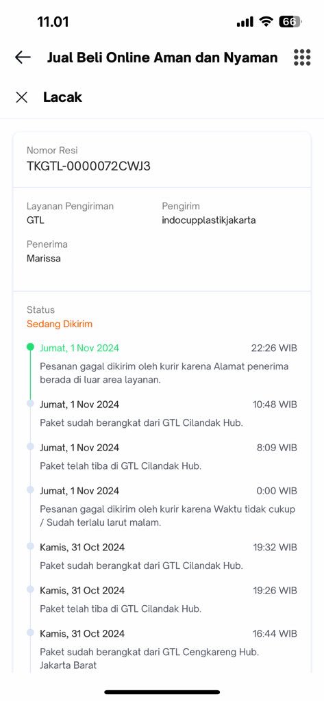 marissasfr_'s tweet photo. @TokopediaCare haloo udh pesen dari hari rabu pake SAMEDAY tapi sampe skrg ga nyampe-nyampe. Tbtb “gagal dikirim krn alamat berada di luar area layanan” pdhl di awal bisa dicheck out☺️☺️☺️☺️ https://t.co/l1Fqd7Jrlf