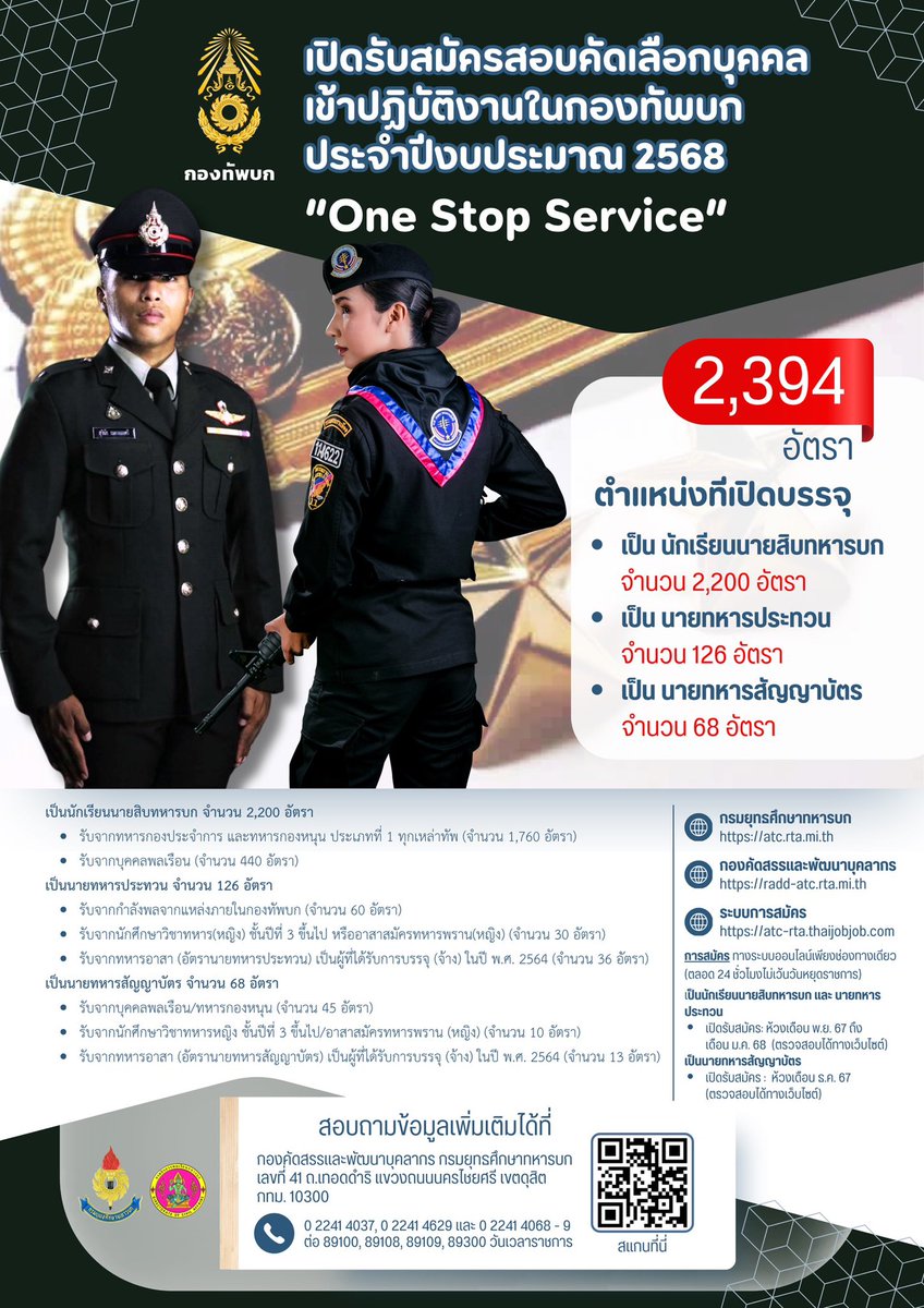 armypr_news's tweet image. #กองทัพบก โดย #กรมยุทธศึกษาทหารบก เปิดรับสมัครสอบคัดเลือกบุคคลเข้าปฏิบัติงานในกองทัพบก ประจำปีงบประมาณ 2568 #OneStopService ในตำแหน่ง นักเรียนนายสิบทหารบก , นายทหารประทวน และนายทหารสัญญาบัตร 🪖

📌 สามารถสมัครได้ทาง #ระบบออนไลน์ เพียงช่องทางเดียว (ตลอด 24 ชั่วโมง…