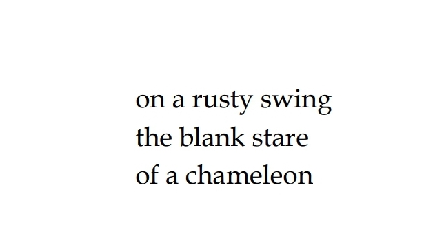 Effulgent_Zeal's tweet photo. Happy to have a haiku published in Cattails Journal, Oct 2024. 

on a rusty swing
the blank stare
of a chameleon 

Congratulations to all the poets. 
Beautiful poems ✨️ 😊🙏🏻
Thank you dear editor - Geethanjali Rajan 
#haiku #cattails #WritingCommunity https://t.co/4S3b3rRZhd