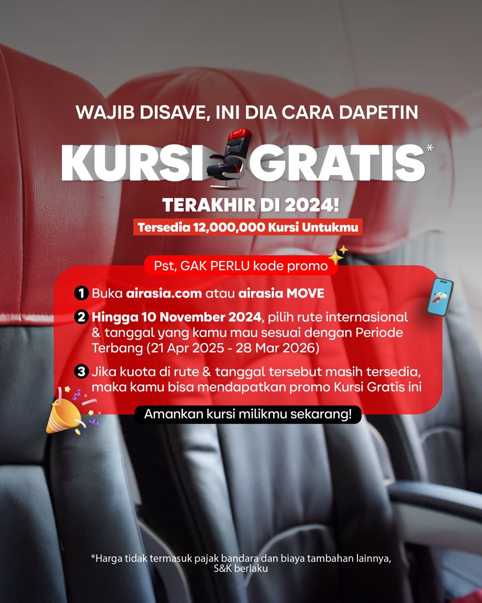 airasia_indo's tweet photo. Buat kamu yang lagi di Bali, langsung cus ke FREE SEATS FIESTA di Kuta Beachwalk Fountain Stage buat seru-seruan bareng! 🎤🎶 Ikutan quiz, dapetin hadiah keren 🎁, dan rasain fun-vibes AirAsia! 🔥
#FreeSeatsFiesta #KursiGratisAirAsia #AirAsiaFreeSeats https://t.co/gV4QR6soMZ