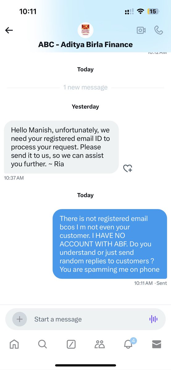 msamota's tweet photo. @abfinance I am not your customer so how will I give registered email ID. You are spamming me on phone without being a customer. Have some sensible ppl on public platform and not useless auto reply without looking at content guy. I am still getting calls from you. @RBI  @TRAI https://t.co/PS17oFQNMK