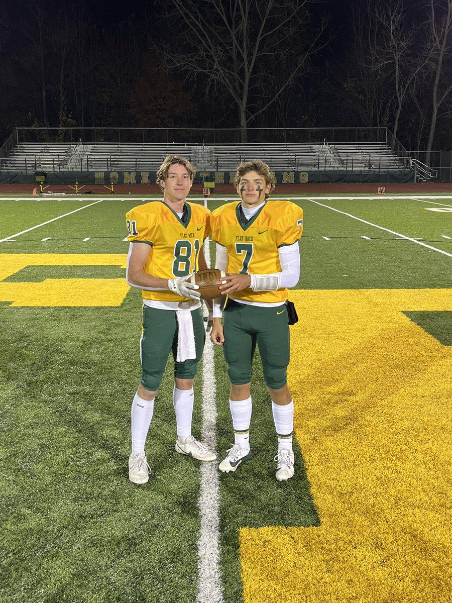 FR_Athletics's tweet photo. The varsity football team beat Detroit Denby 40-22 and advance to the District Championship game vs Detroit Voyager. Tonight, Adam Szalay broke the school record for most receiving yards in a career! Adam broke Caron Clayton’s record of 1,151 yards. #warh 🐏💚💛 https://t.co/L7PQQx0Sez