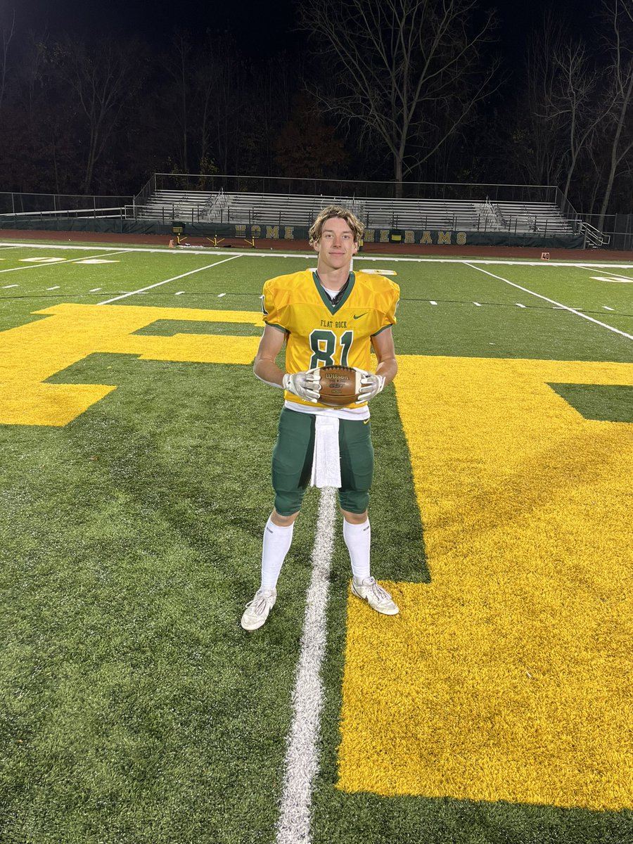 FR_Athletics's tweet photo. The varsity football team beat Detroit Denby 40-22 and advance to the District Championship game vs Detroit Voyager. Tonight, Adam Szalay broke the school record for most receiving yards in a career! Adam broke Caron Clayton’s record of 1,151 yards. #warh 🐏💚💛 https://t.co/L7PQQx0Sez