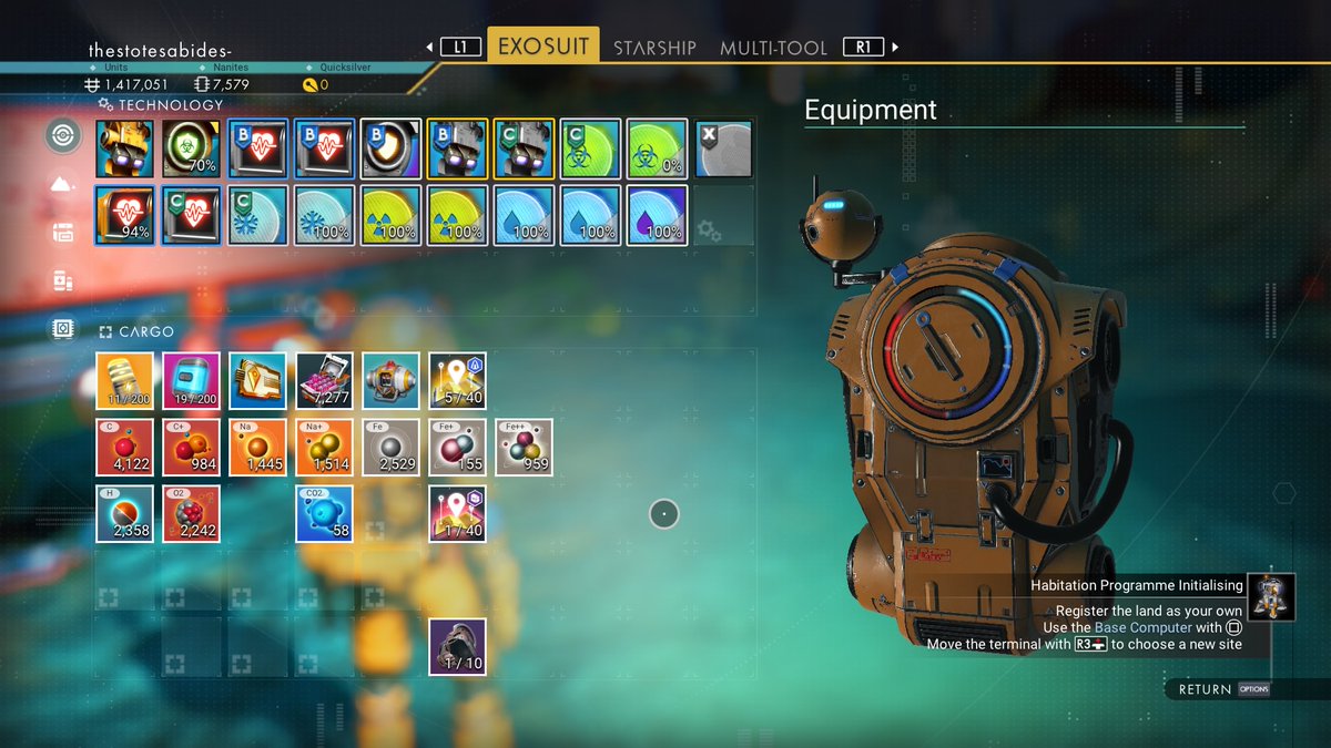 StotesThe's tweet photo. In my Friday No Man's Sky stream, I didn't find a space station, but I made some progress in upgrading my suit...
#PS4share #NoMansSky #Twitch #smallstreamers #TwitchStreamers https://t.co/p8V1AOI950