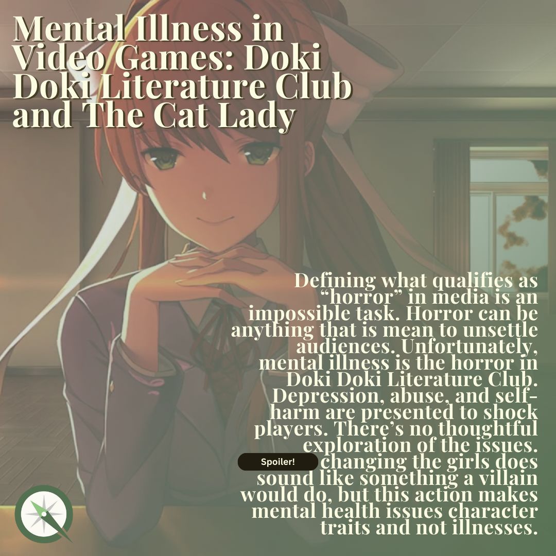 "Defining what qualifies as “horror” in media is... impossible.... Horror can be anything that is mean to unsettle audiences... [M]ental illness is the horror in Doki Doki Literature Club. Depression, abuse, and self-harm are presented to shock players."

 buff.ly/4hjTtfo