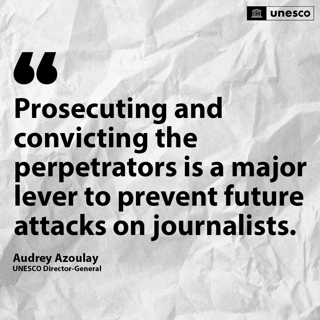 85% of journalist killings remain unpunished worldwide.

<a href="/UNESCO/">UNESCO 🏛️ #Education #Sciences #Culture 🇺🇳</a> calls on all states to #EndImpunity and protect those who risk their lives for the truth.

Discover the latest data in our new report: unesco.org/en/articles/85… #ProtectJournalists