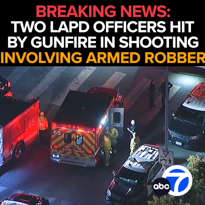 ABC7's tweet photo. #BREAKING Two LAPD officers are hit by gunfire after a shooting involving an armed robbery suspect in the South L.A. area. Both officers are rushed to local hospitals. The conditions of the officers and the manhunt for the suspect - Tonight at 11 from ABC7 https://t.co/EXIPIIMH01 https://t.co/aPuMID1A3B