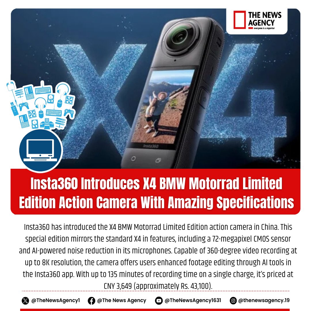 TheNewsAgency1's tweet image. #Insta360X4 #BMWMotorradEdition #ActionCamera #8KRecording #AIEditing #360Video #TechLaunch #Insta360 #ChinaLaunch #CameraTech #BMWLimitedEdition #TechInnovation #TNAGadgets #Gadgets360 #Camera #Specifications #BMW