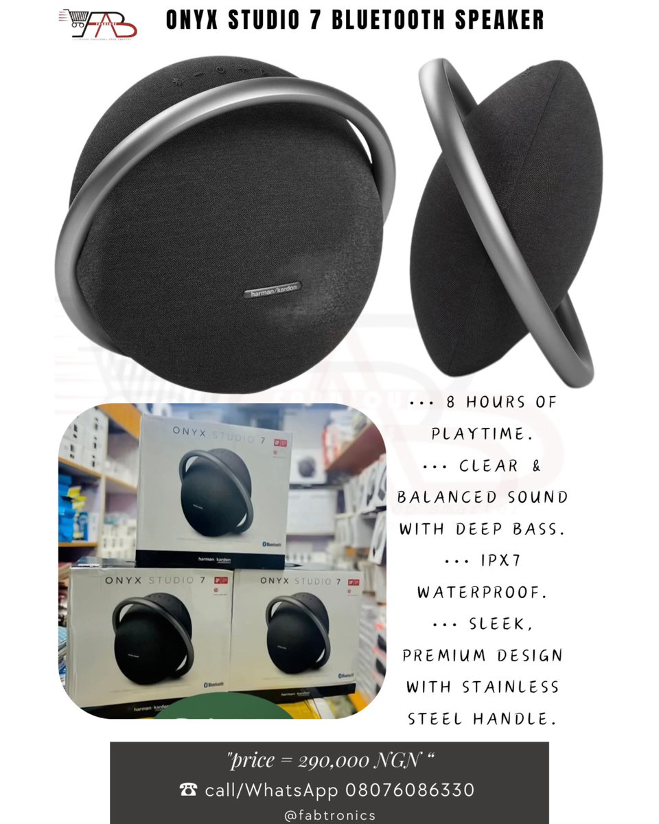 FabtronicsFAB's tweet photo. The Harman Kardon Onyx Studio 7 offers a perfect blend of style, sound quality, and portability🎵✨

Price = 290,000 NGN. 
(Please always contact for availability and current price 🙏) 

#HarmanKardon #music #entertainment #SalesTips #fun https://t.co/OD0s2QARM2