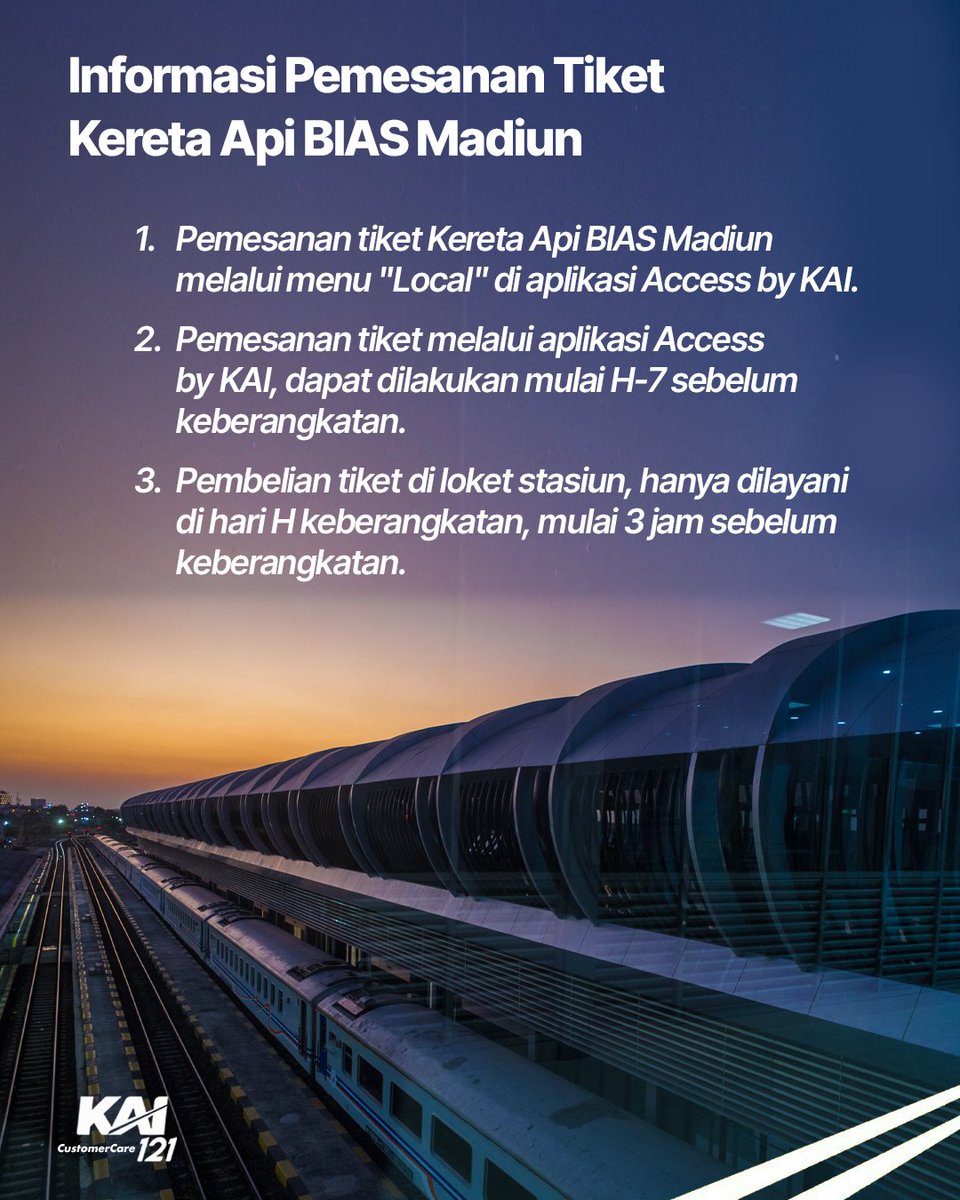 KAI121's tweet photo. Terdapat masing-masing 2 jadwal keberangkatan Kereta Api BIAS Madiun, yang akan memudahkan dan memberi alternatif perjalanan dari Madiun menuju Surakarta, dengan tarif mulai dari Rp7.000,- aja. 🤗

Jadi, siapa bilang traveling harus mahal? Ayo ajak Bestie, keluarga, dan kerabat kalian, buat nyobain layanan rute baru Kereta Api BIAS Madiun ini ya! 🎉

#KAI121 
#KeretaApiBIASMadiun 
#AyoNaikKereta 
#KeretaApi