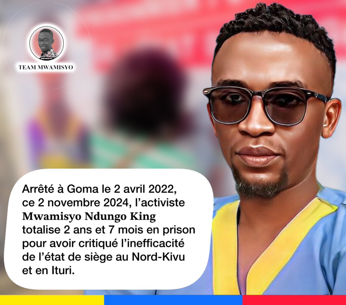 TeamMwamisyo's tweet photo. Arrêté le 2 avril 2022, ce 2 novembre 2024, l’activiste @MwamisyoNdungo totalise 2 ans et 7 mois en prison pour avoir critiqué l’inefficacité de l’état de siège au Nord-Kivu et en Ituri.
@ConstantMutamba @luchaRDC @droitshumainscd @butondonzangi @AmnestyWARO @TeamMwamisyo https://t.co/IQWcgF0kT9