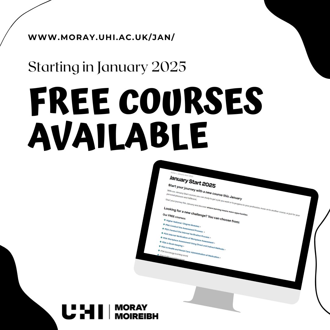 Looking for a new challenge? 👀

@uhimoray have got a list of FREE courses you can study whether it is to get a job you want or to progress in your profession, move on to another course, or just for your personal pleasure and fulfilment. 🤩

👉moray.uhi.ac.uk/jan/

#ThinkUHI