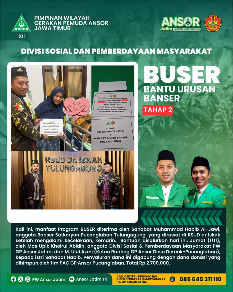 Divisi Sosial dan Pemberdayaan Masyarakat Pimpinan Wilayah Gerakan Pemuda Ansor Jawa Timur melakukan Gerakan Sosial BUSER, Bantu Urusan Banser Tahap 1 &amp; 2 serta Beasiswa Yatim bagi Putra Putri Banser Tahap 43 &amp; 44

#PWGPAnsorJatim