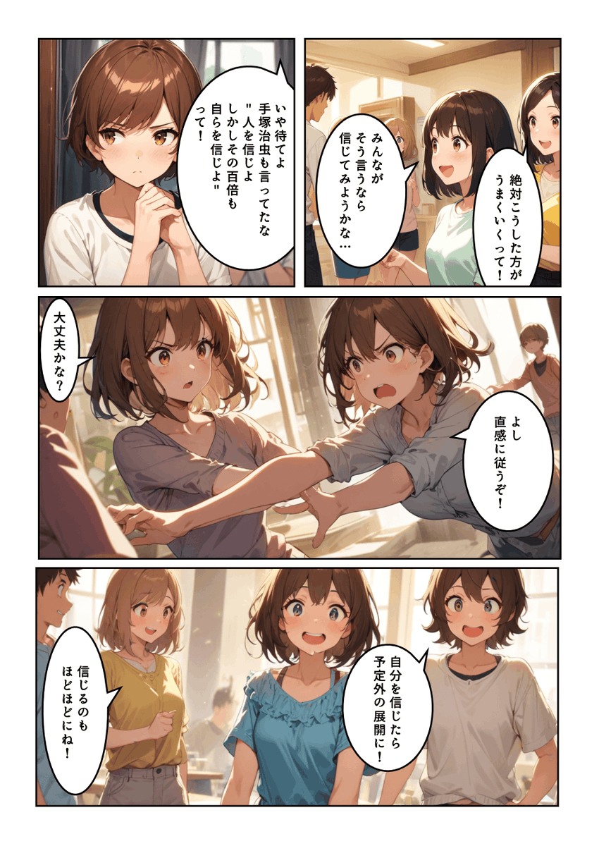 #漫画が読めるハッシュタグ 
#わどみちぽAIマンガスクール
#AIマンガ

【AIマンガ24話】

人を信じよ、しかしその百倍も自らを信じよ。

手塚治虫の言葉、心にひびいた？