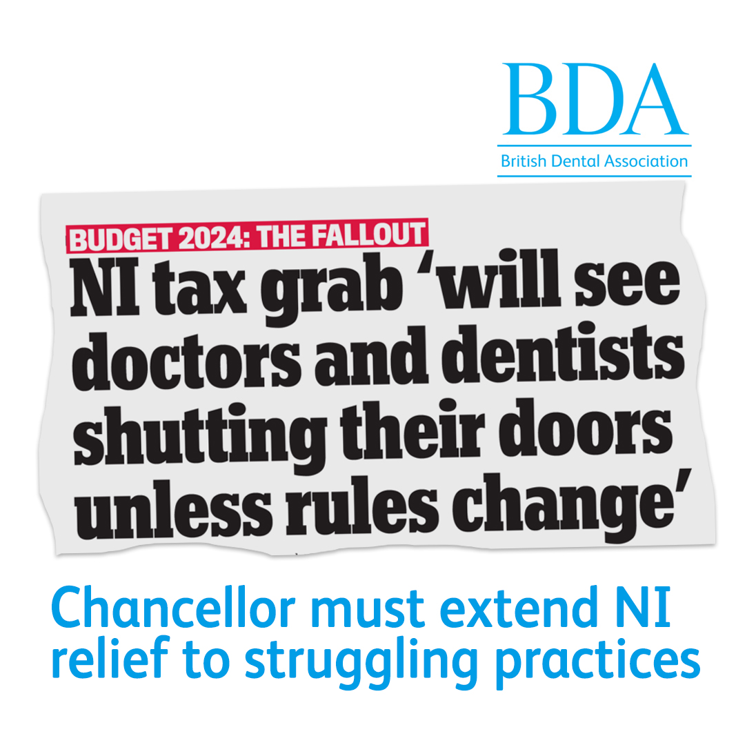 TheBDA's tweet image. Dentists, GPs and care home providers have all spelled out the facts

The Budget means a major hike in overheads. 

It requires corresponding support.

Otherwise patients will pay the price. bda.org/news-and-opini…