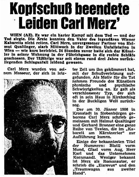 Chrisl7000's tweet photo. Heute vor 45 Jahren berichtete die AZ (2. November 1979) über den Freitod des legendären Kabarettisten und Autors Carl Merz.
#CarlMerz #Qualtinger #Travnicek #HerrKarl #DerHerrKarl #HelmutQualtinger https://t.co/QLMgAP9yOD