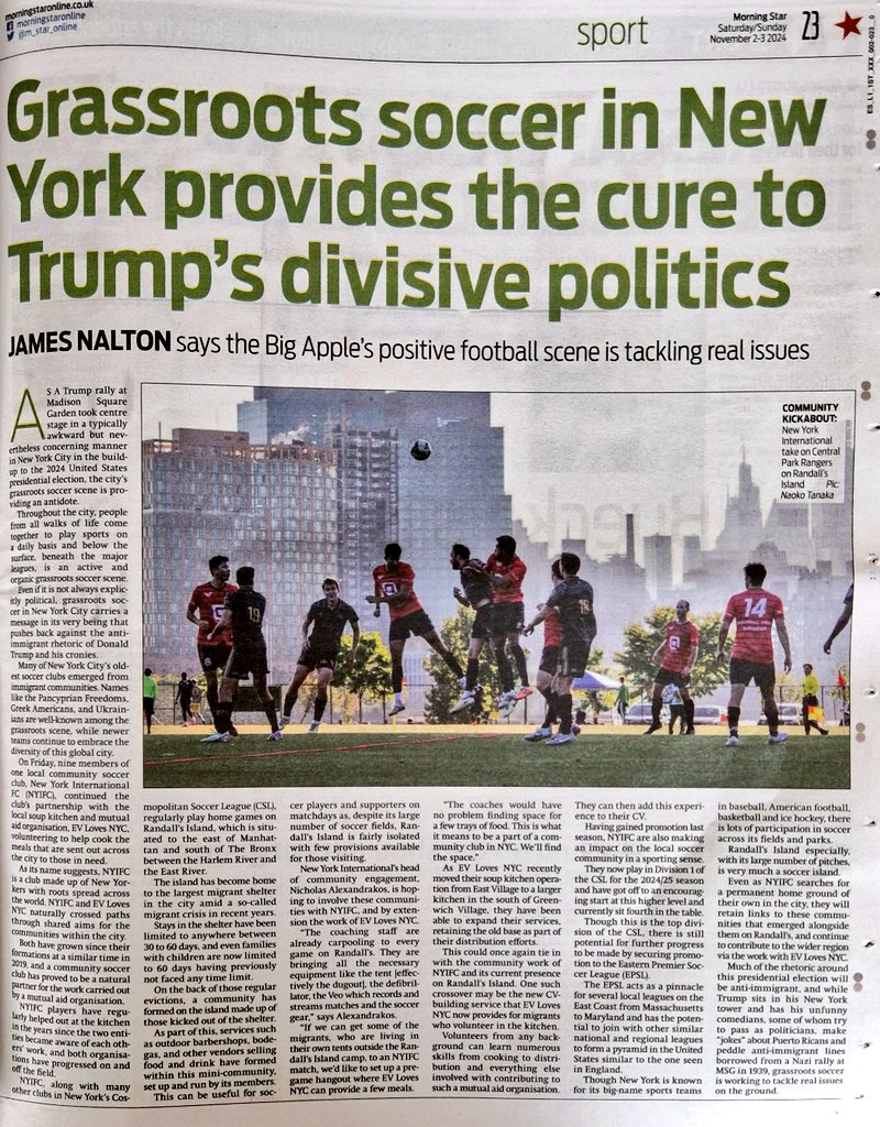 As Trump wheeled out divisive unfunny comedians, some posing as politicians, in a rally at Madison Square Garden, a grassroots soccer club in New York City is working to support migrants and tackle real issues on the ground. This weekend's Morning Star column.