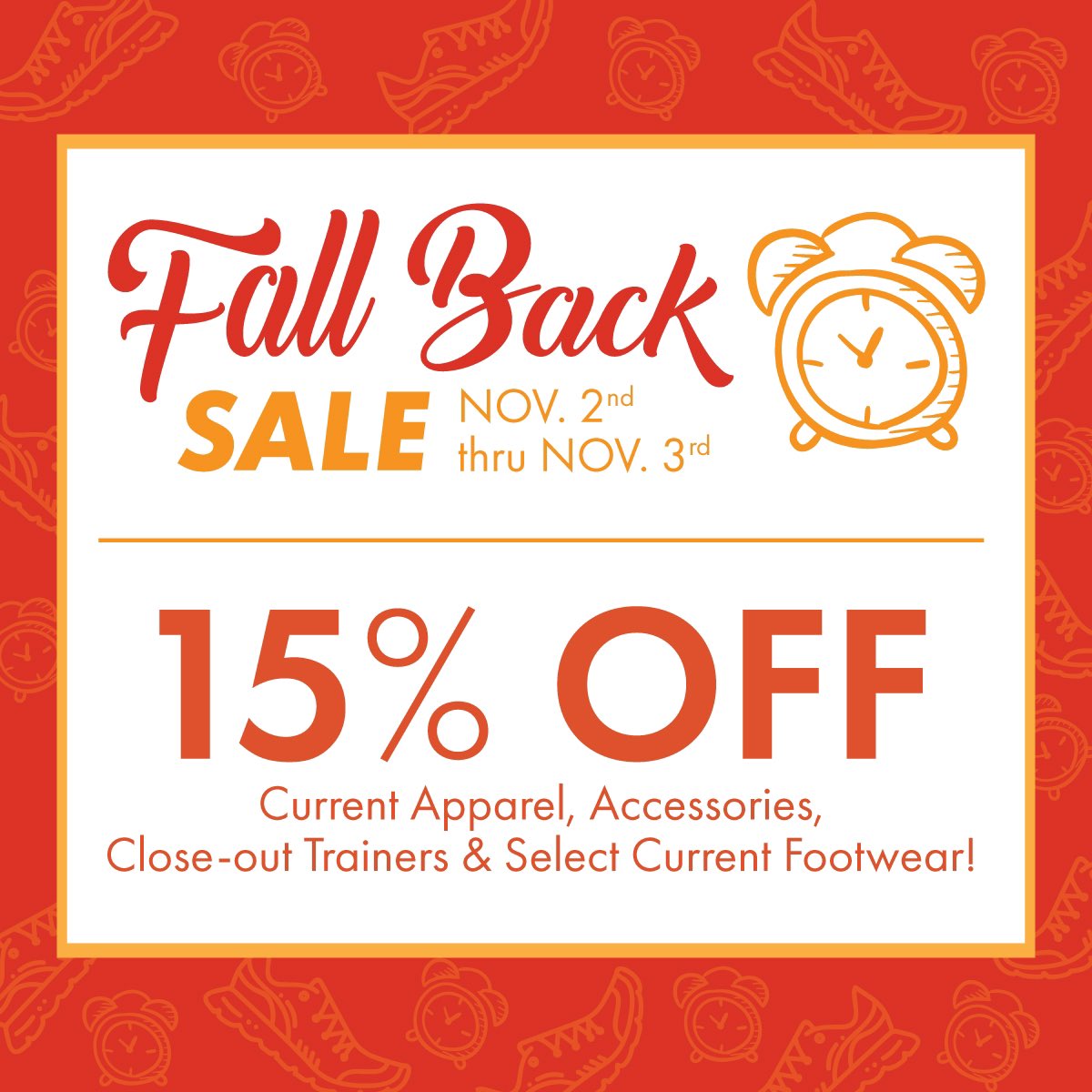 Our Fall Back sale is here:

👟Current Training Shoes
👟Running Apparel
👟Socks
👟Insoles
👟Hats and Gloves
👟Electronics
👟Injury Prevention
👟Nutrition and more

Want to shop online? Current training shoes are on sale online - use code FALLBACK15

dickpondathletics.co